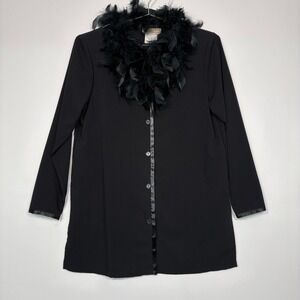 Season Ticket Womens Button Front Top Size S Black Feather Collar Long Sleeve